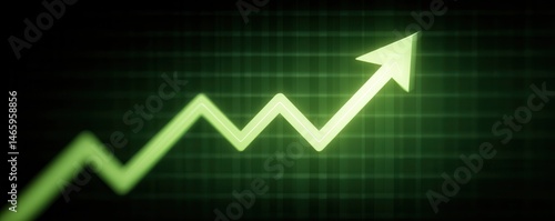 A glowing green upward arrow on a grid background symbolizes growth, progress, and financial success.
