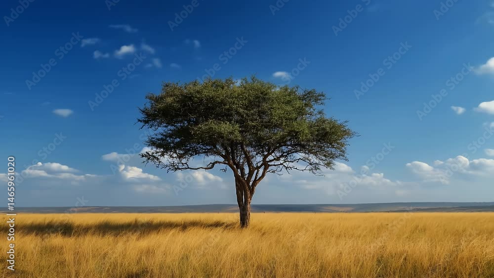 Lone Green Tree Standing in Golden Grass Field Against a Clear Blue Sky with Scattered Clouds on a Sunny Day Lone Green Tree Standing in Golden Grass Field Against a Clear Blue Sky with Scattered Clouds on a Sunny Day