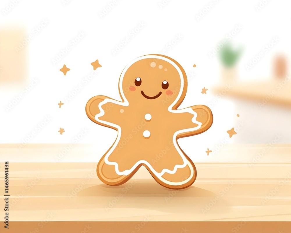 A cheerful gingerbread man cookie sits on a light wood surface, surrounded by small sparkling lights against a blurred background A cheerful gingerbread man cookie sits on a light wood surface, surrounded by small sparkling lights against a blurred background