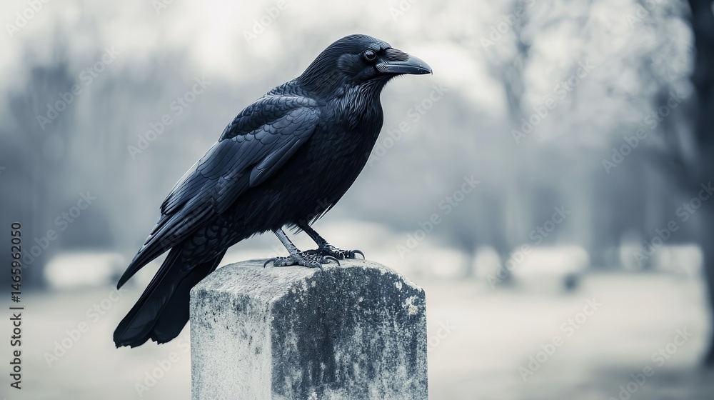 Fototapeta premium Crow Perched on Gravestone in Quiet Cemetery