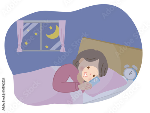 夜ベッドの中でスマホを見る中年女性のイラスト