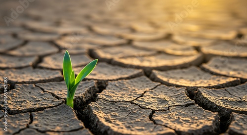 Small green plant seedling pushing through dry cracked earth under warm sunlight, symbolizing hope and resilience in harsh environmental conditions