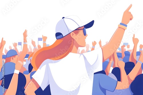 A woman in a white shirt and cap points excitedly at a cheering crowd