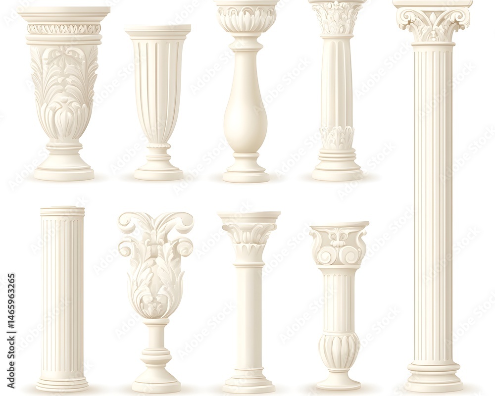 Obraz premium Collection of classical white columns and vases, varying in style and design, showcasing intricate details and elegant proportions