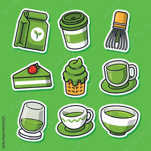 Matcha Tea Healthy Dessert Cartoon Illustration Concept.