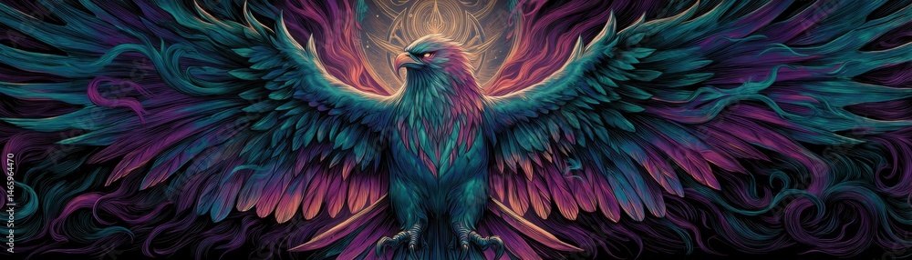 Obraz premium A majestic, colorful eagle with outstretched wings and glowing patterns, surrounded by vibrant, swirling energy.