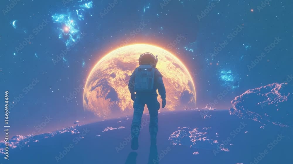 Astronaut Walking Towards a Giant Orange Planet in Space Astronaut Walking Towards a Giant Orange Planet in Space