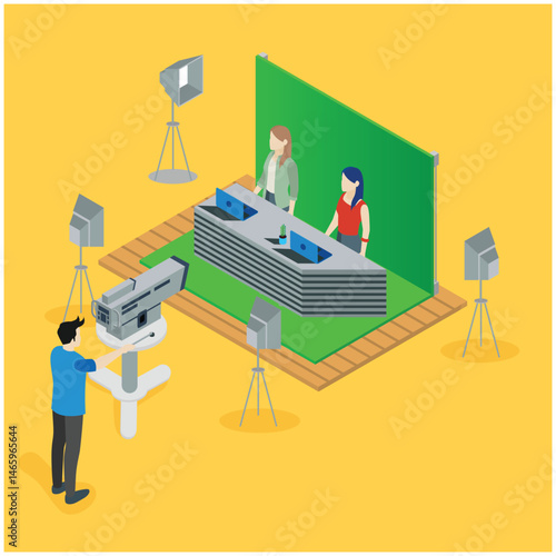sometric 3d news announcer green cinematographic background, vector illustration