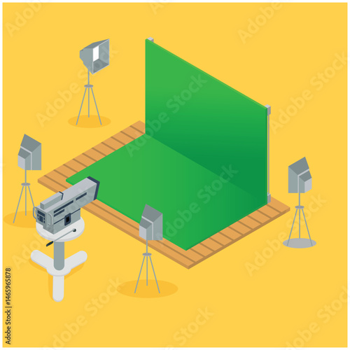 sometric 3d news announcer green cinematographic background, vector illustration