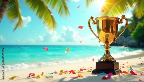 Tropical beach scene with winning trophy, celebratory confetti , victory, competition