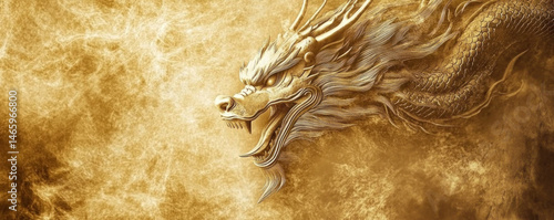 A gold dragon with a long tail and a mouth full of teeth. The dragon is surrounded by a golden background