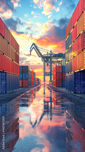 A large crane is in the background of a large container yard. The sky is orange and the water is reflecting the sky