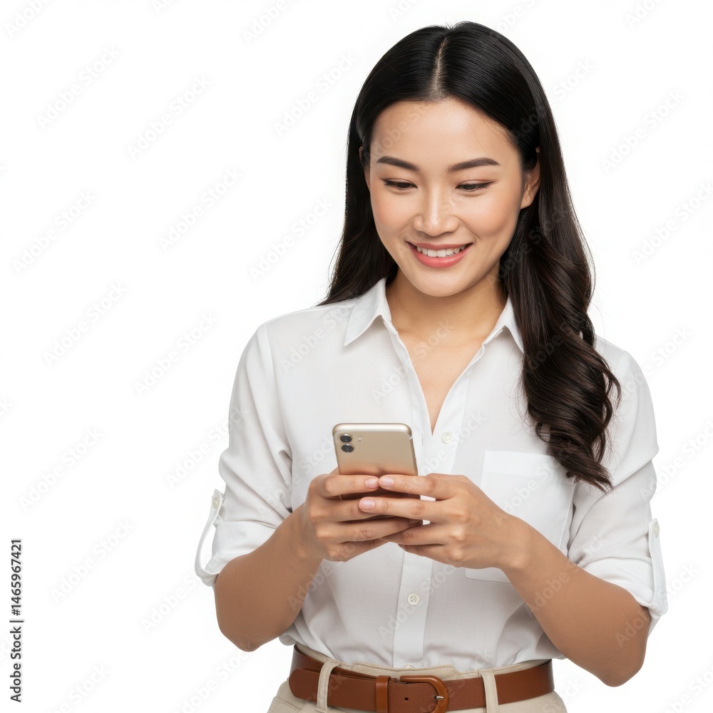 Smiling woman using smartphone on white background Smiling woman using smartphone on white background
