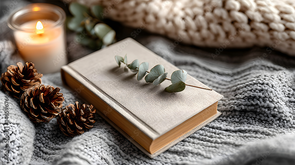 Fototapeta premium Cozy Autumn Vibes Book, Candle, and Knit Blanket Scene
