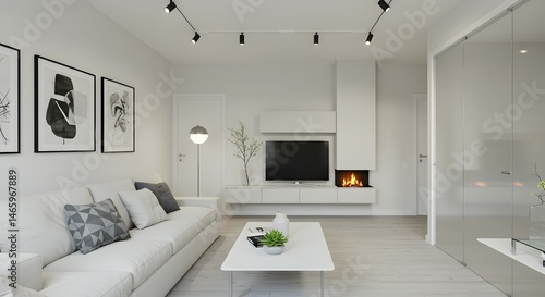 Modern Minimalist Living Room Design White Walls, Sleek Furniture, and a Statement Fireplace