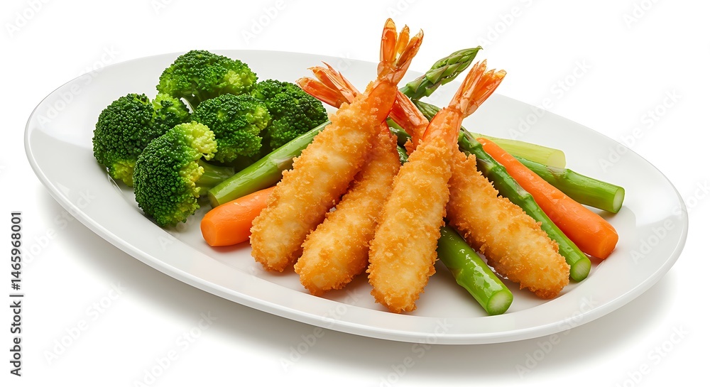A platter of tempura shrimp and vegetables, isolated on white A platter of tempura shrimp and vegetables, isolated on white