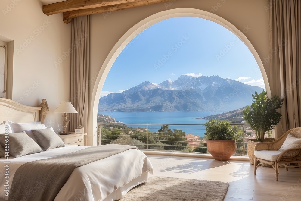 Fototapeta premium Charming Mediterranean Coastline View from an Amalfi Room on a Bright Summer Day