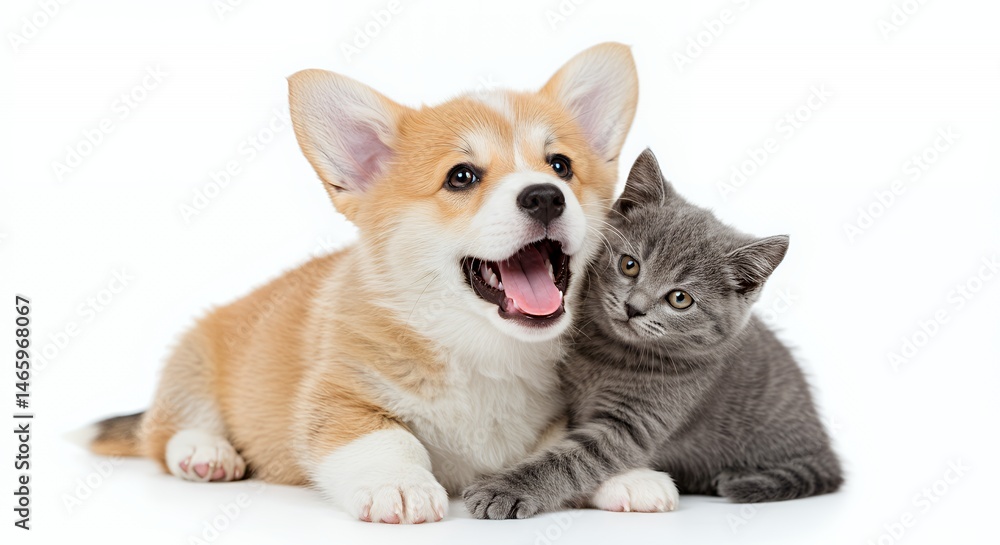 Obraz premium Adorable Corgi Puppy and Gray Kitten Cuddling on White Background
