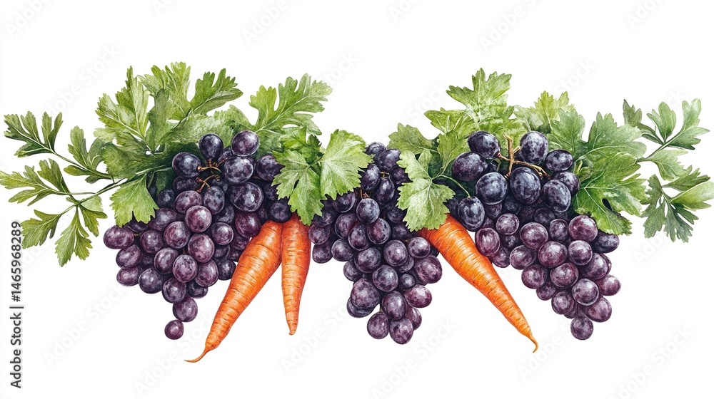 Fototapeta premium Fresh grapes and carrots with herbs