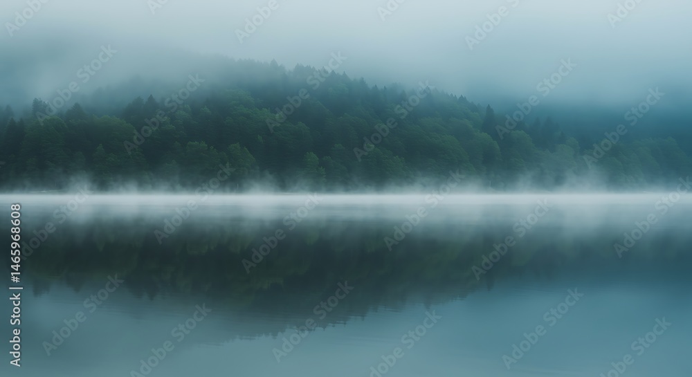 Fototapeta premium Lake and Forest Landscape with Fog and Reflections