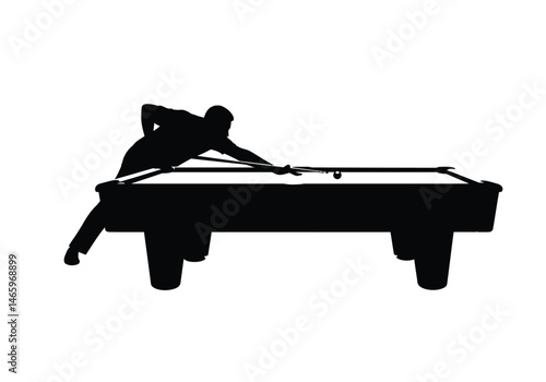 Pool player silhouette. This image shows a silhouette of a pool player in action, bending over the table and aiming with a cue stick. Vector clipart illustration design.