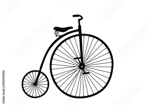 Penny farthing silhouette. This image shows a vintage bicycle with a large front wheel and a small rear wheel, featuring a rider in silhouette. Vector clipart illustration design.