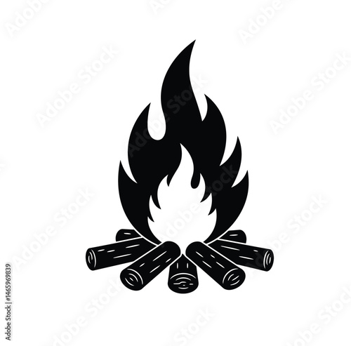 Camp fire silhouette. This image shows a silhouette of a campfire with flames rising, also known as a bonfire or outdoor fire. Vector clipart illustration design.