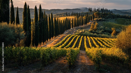 Stunning vineyard rows in Tuscany, lined with iconic cypress trees under golden light. Perfect for travel, wine, and countryside themes. Serene and picturesque