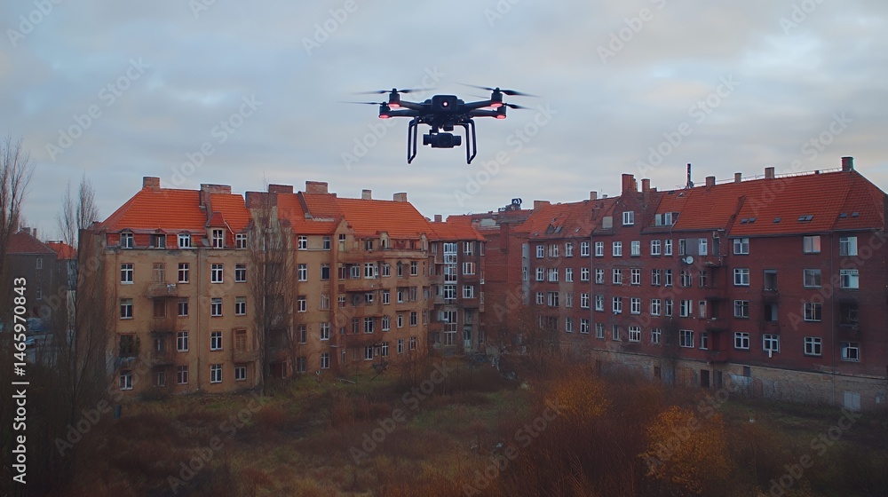 Fototapeta premium A drone flies over a vacant urban landscape with red-roofed buildings.