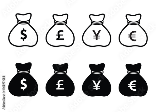  Money Bag banking Icon set vector silhouette white background. icon set vector money bag  on with dollar, euro, pound and yen sign