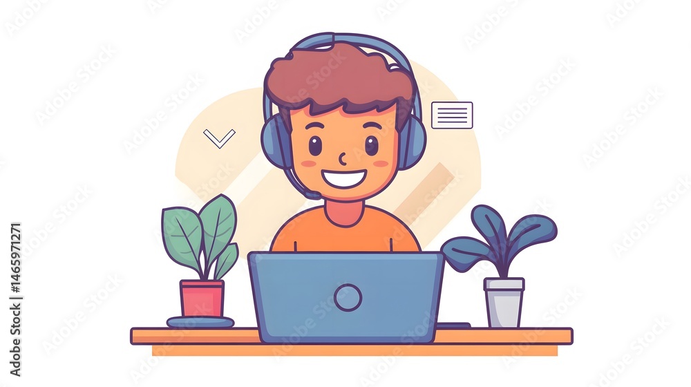 remote customer support agent sitting comfortably at home with headset and laptop, smiling as they engage in virtual conversation, symbolizing digital connection and friendly service.