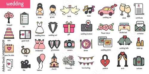 Set of colorful wedding icons, marriage icon vector
