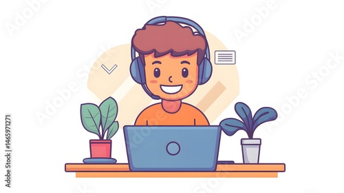 Obraz na płótnie remote customer support agent sitting comfortably at home with headset and laptop, smiling as they engage in virtual conversation, symbolizing digital connection and friendly service. w salonie