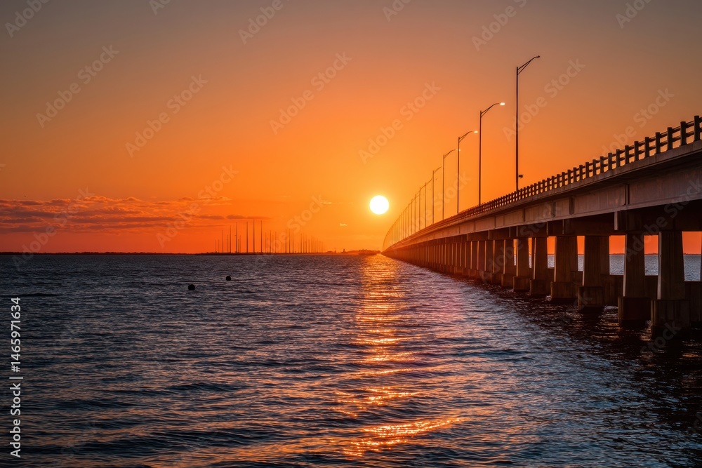 Fototapeta premium Sunset Casts Warm Glow Over Long Bridge Crossing Tranquil Ocean Bay With Lights Reflecting on Water Generative AI