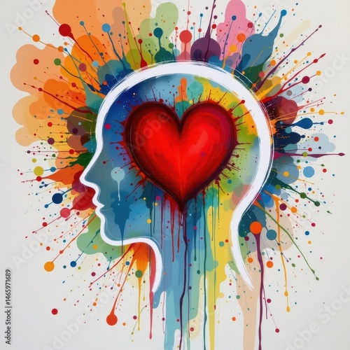 abstract watercolor splash background with a white outline of the head and a red heart brain inside