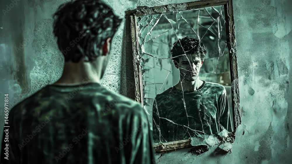 Man facing away from a cracked mirror in a derelict building, creating a haunting reflection.