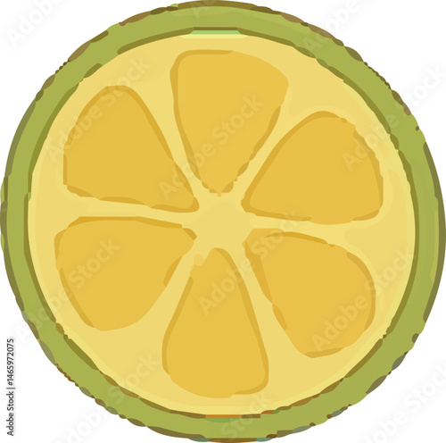 A vibrant digital illustration of a lemon slice with six segments, featuring a green rind and yellow flesh. Perfect for food, nutrition, and summer-themed designs