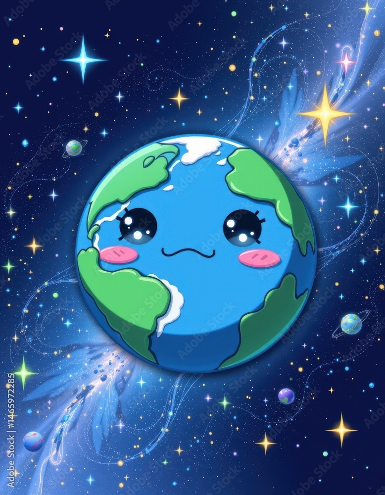 Fototapeta premium stylized anime inspired earth with expressive eyes and a small frown, placed in a starry, animated space scene