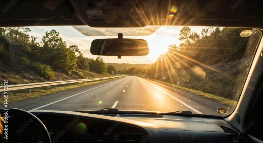Obraz premium Driving car road trip sunset highway travel adventure journey vacation transportation scenic view nature sunlight