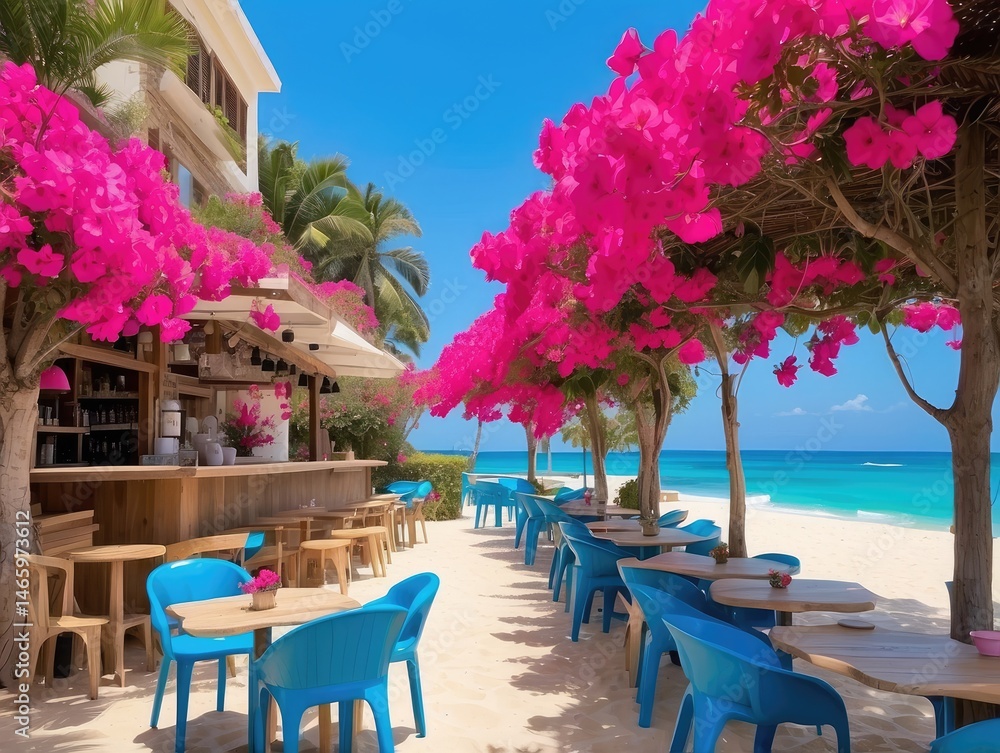 Obraz premium Sunny Greek Beach with Turquoise Waters and Boats, Overlooking a Cozy Seaside Restaurant