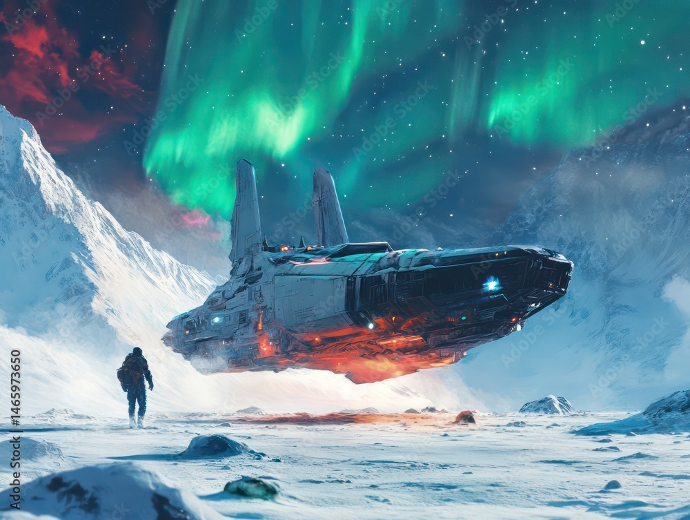 Fototapeta premium Aurora borealis and figure observing hovering object