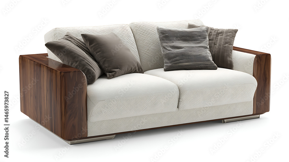 Fototapeta premium A white sofa with wooden legs and pillows on it