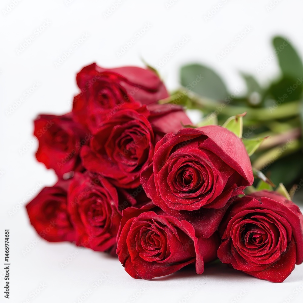 Obraz premium Fresh Red Roses Bouquet Arrangement for Romantic Occasions and Special Celebrations with Vibrant Green Leaves Accenting the Beautiful Flowers