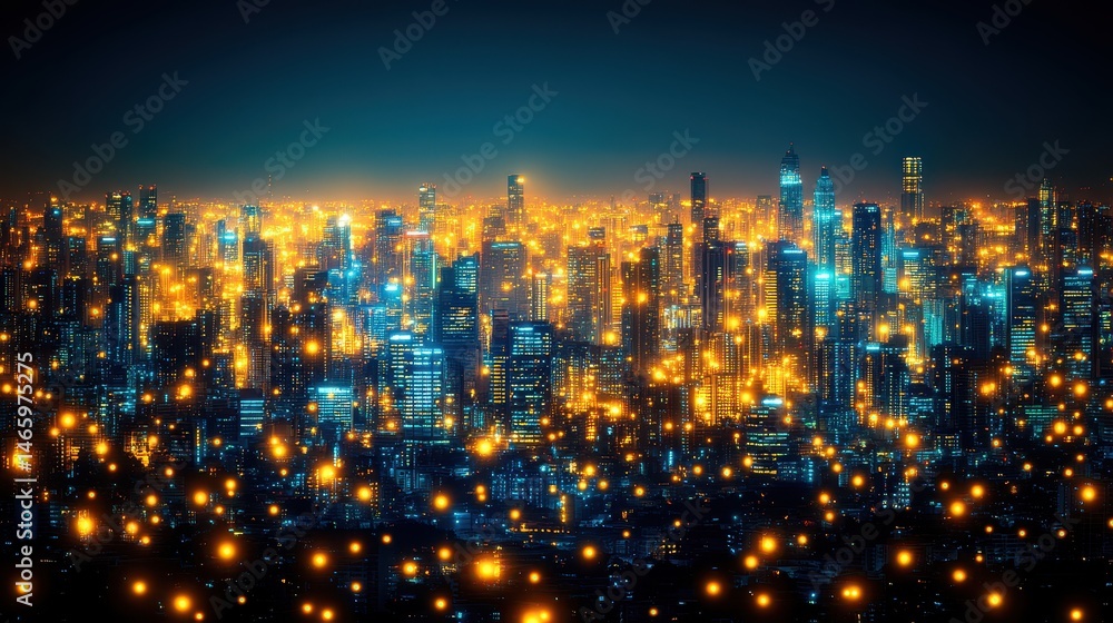 Fototapeta premium Vibrant cityscape at night glowing with a multitude of lights of