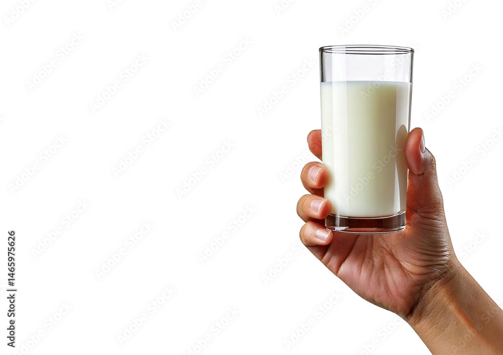 Hand with glass of milk isolated on transparent or white background Hand with glass of milk isolated on transparent or white background