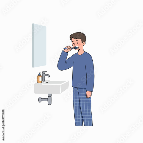 A teenager brushing their teeth in the morning, looking sleepy – style flat design, simple, minimalist, plain white background