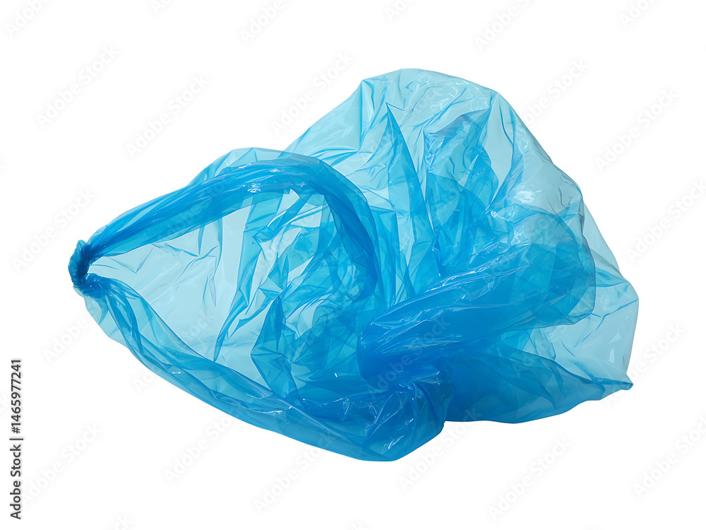 Fototapeta premium Transparent blue plastic bag isolated on a black background ready for waste or packaging.