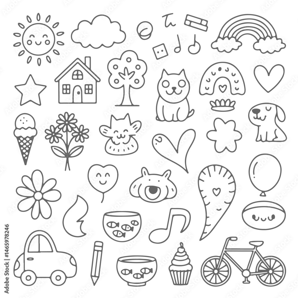 Set of cute doodle on white background. Hand drawn abstract doodle isolated on white background. Set of cute doodle on white background. Hand drawn abstract doodle isolated on white background.