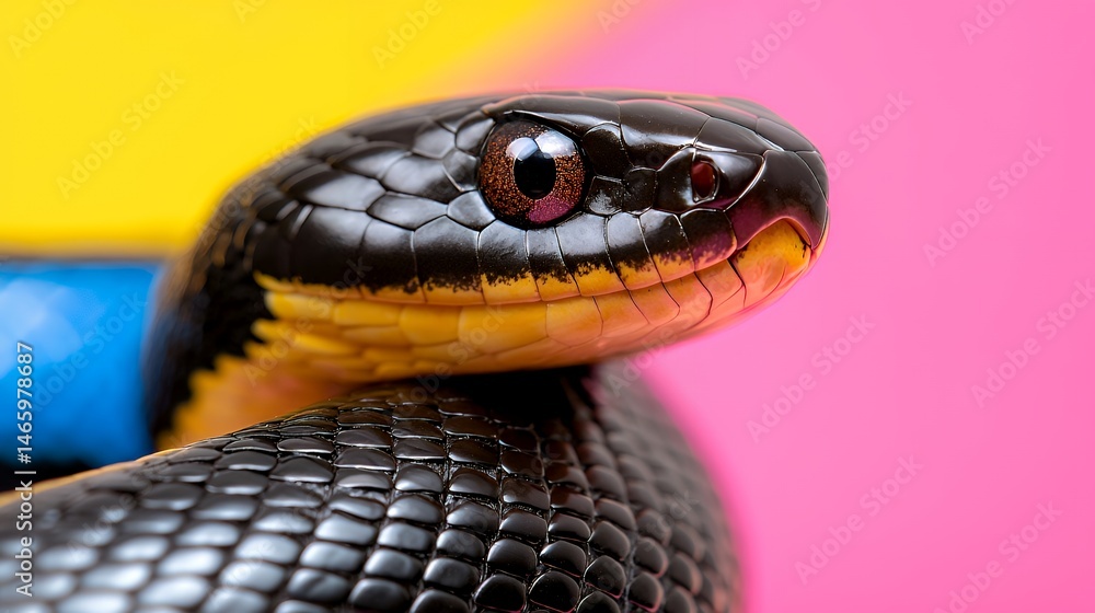 Fototapeta premium Closeup of Black Snake Head with Detailed Scales and Colorful Background