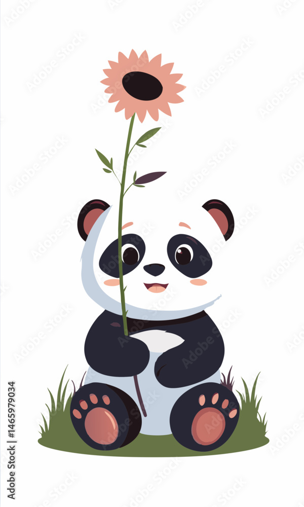 Obraz premium Cute Panda Sits and Hugs a Tall Sunflower in a Vibrant and Cheerful Setting Enjoying Nature's Beauty Generative AI